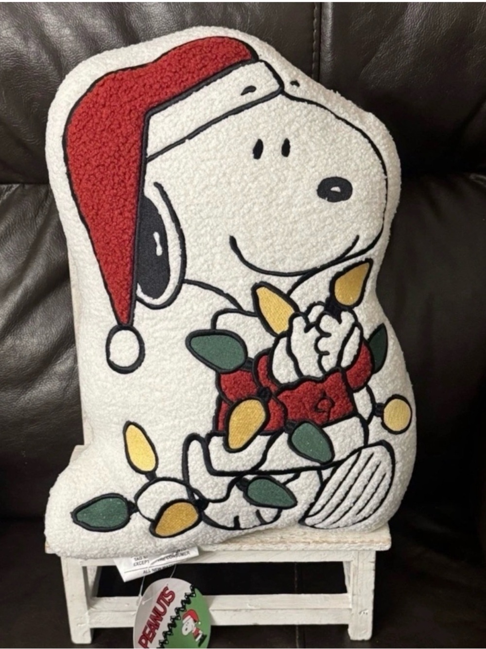 Festive Snoopy Holiday Pillow in White and Red